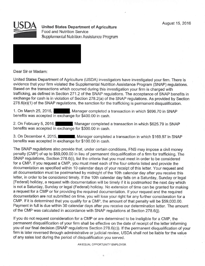 OIG SNAP Trafficking Charge Letter